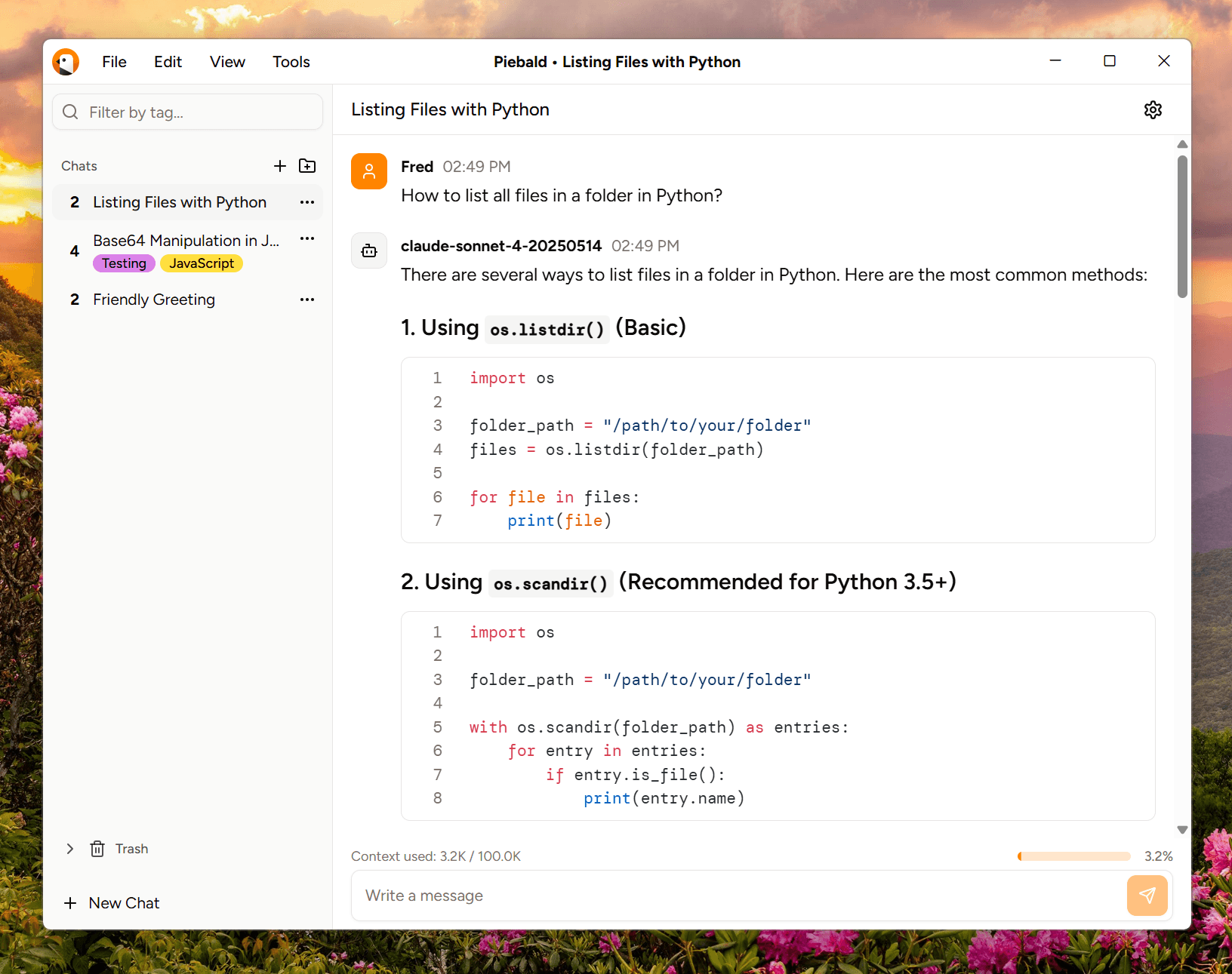 A screenshot of Piebald